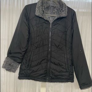 Womens North Face Mossbud reversible jacket, black/ plush charcoal gray